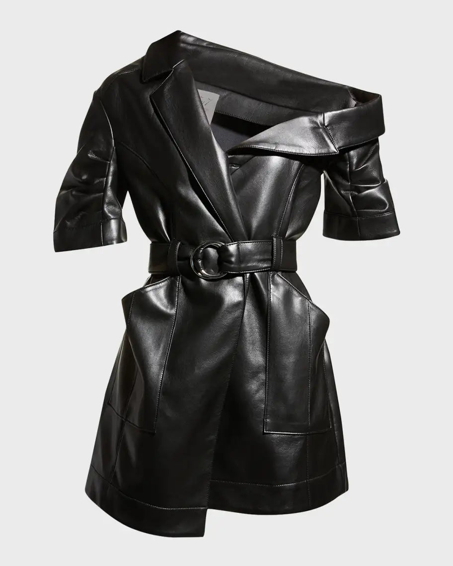 CINQ À SEPT Katie One-shoulder Belted Faux Leather Minidress