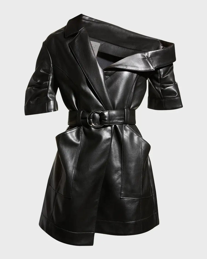 CINQ À SEPT Katie One-shoulder Belted Faux Leather Minidress