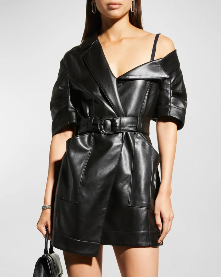 CINQ À SEPT Katie One-shoulder Belted Faux Leather Minidress