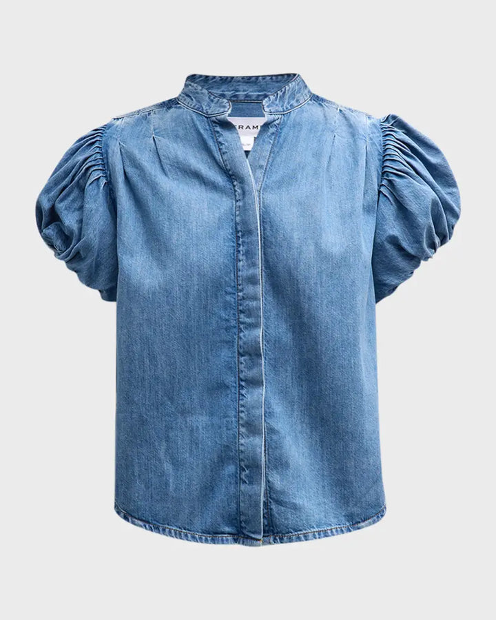 FRAME Pleated Puff Sleeve Denim Shirt