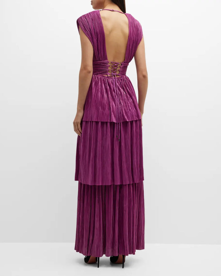 SABINA MUSAYEV Judith Metallic Tiered Gown