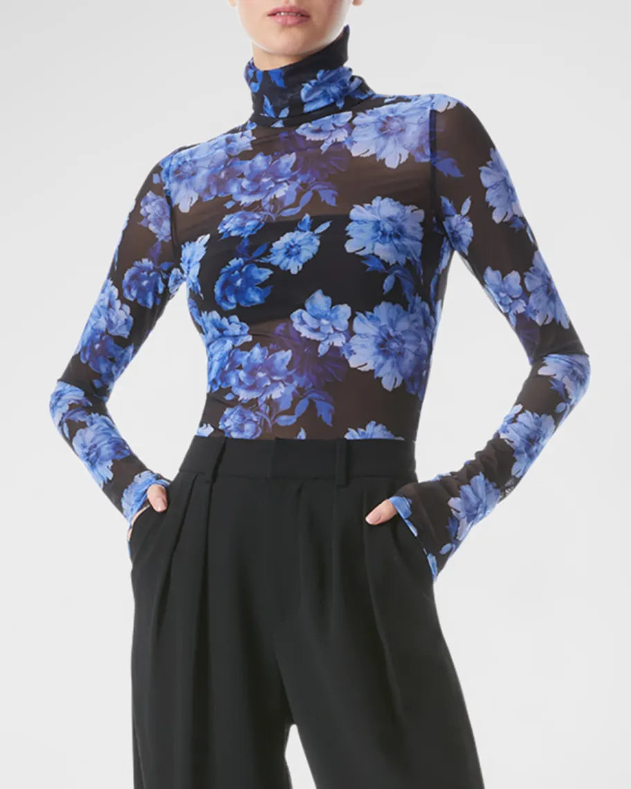 Alice and Olivia Delaina Printed Mesh Turtleneck Top