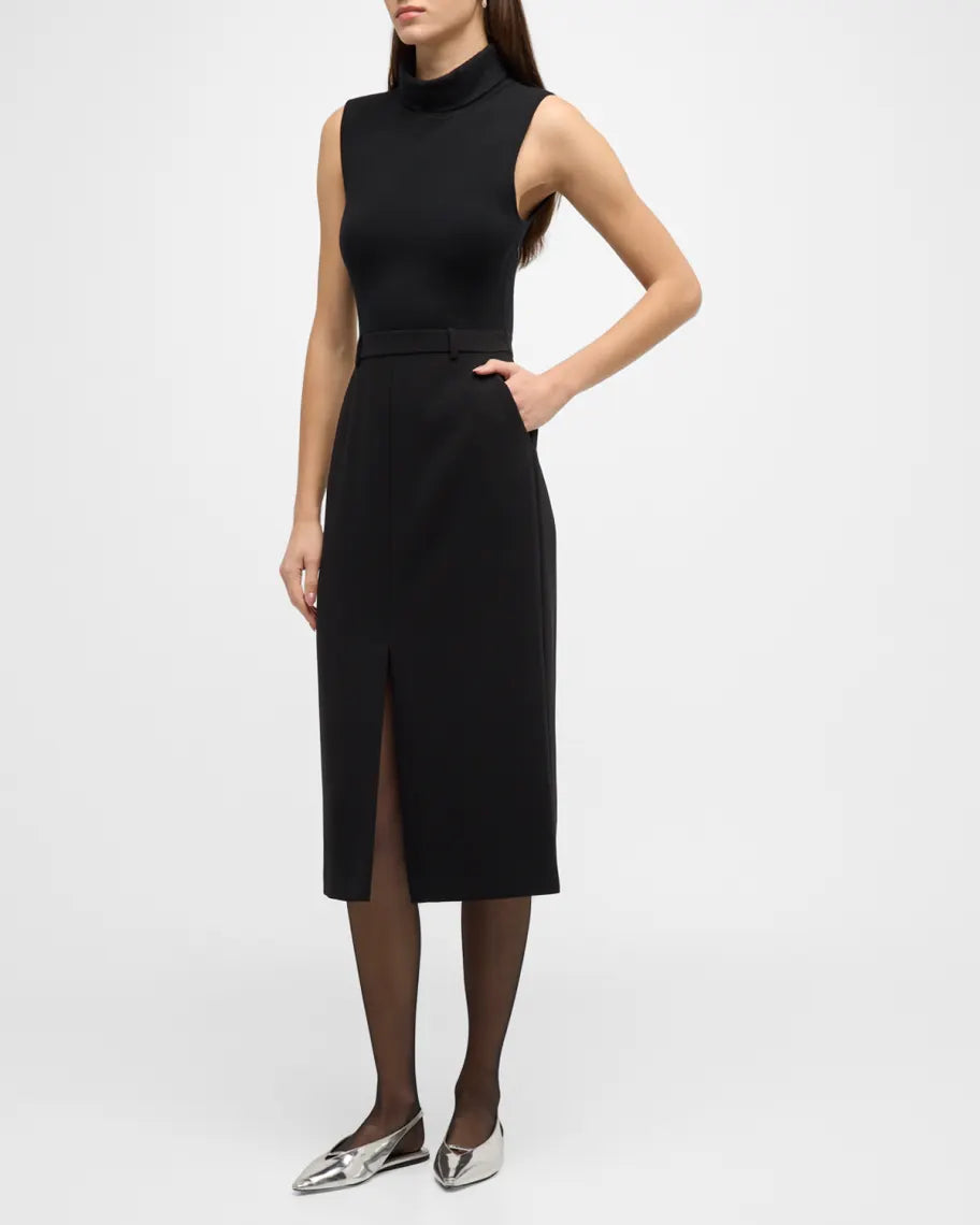 Theory Funnel Neck Mixed Media Midi Dress