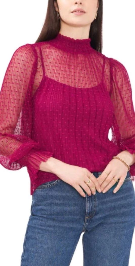 1.STATE Smocked Sheer Dot Top