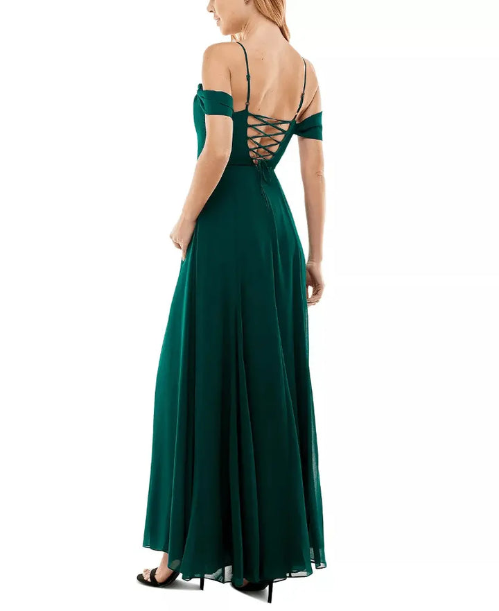 City Studios Juniors' Cold-Shoulder Lace-Up Gown
