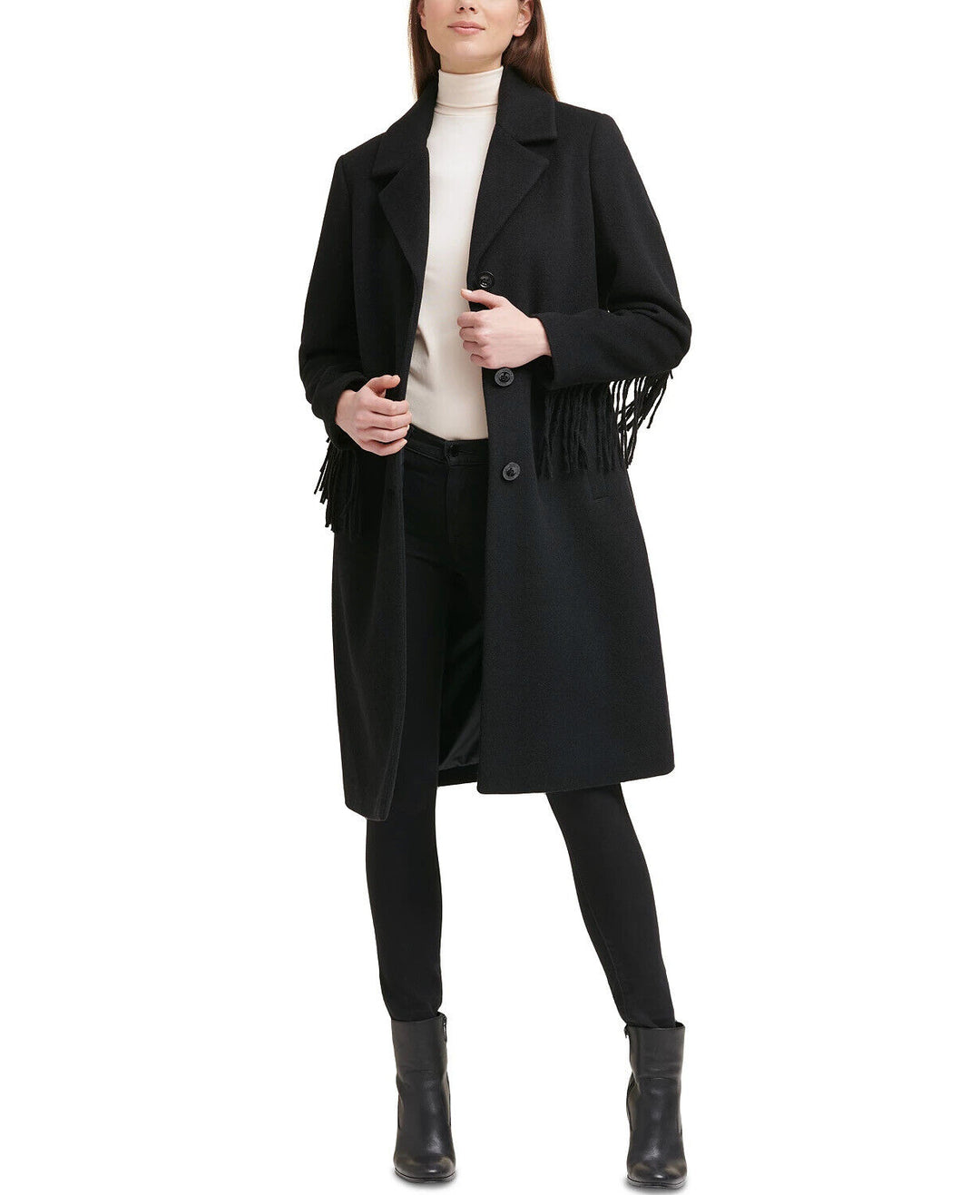 Kenneth Cole Petite Single-Breasted Fringe Walker Coat