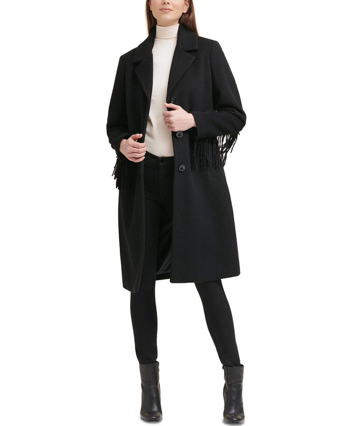 Kenneth Cole Petite Single-Breasted Fringe Walker Coat