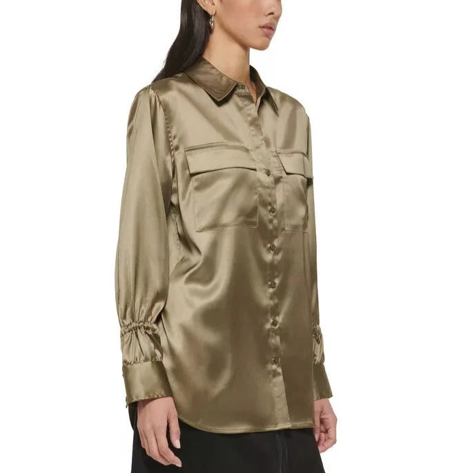 DKNY Satin Flap-Pocket Tunic Shirt