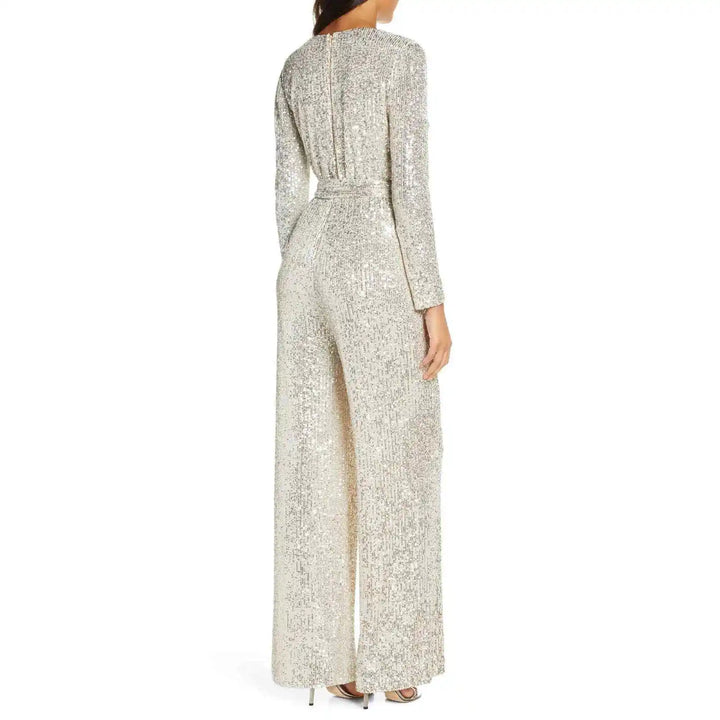 Eliza J Petite Sequin Wrap Front Long Sleeve Jumpsuit