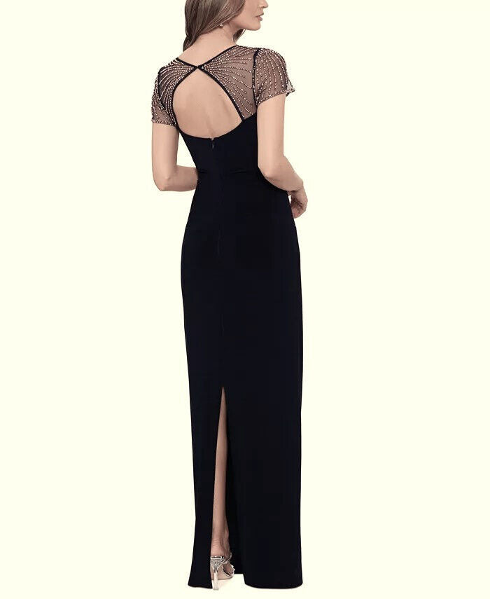 Betsy & Adam Short Sleeve Mesh Gown