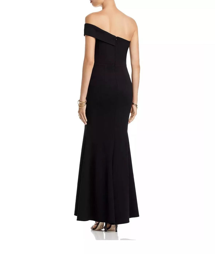 AQUA Scuba Crepe Off-the-Shoulder Gown