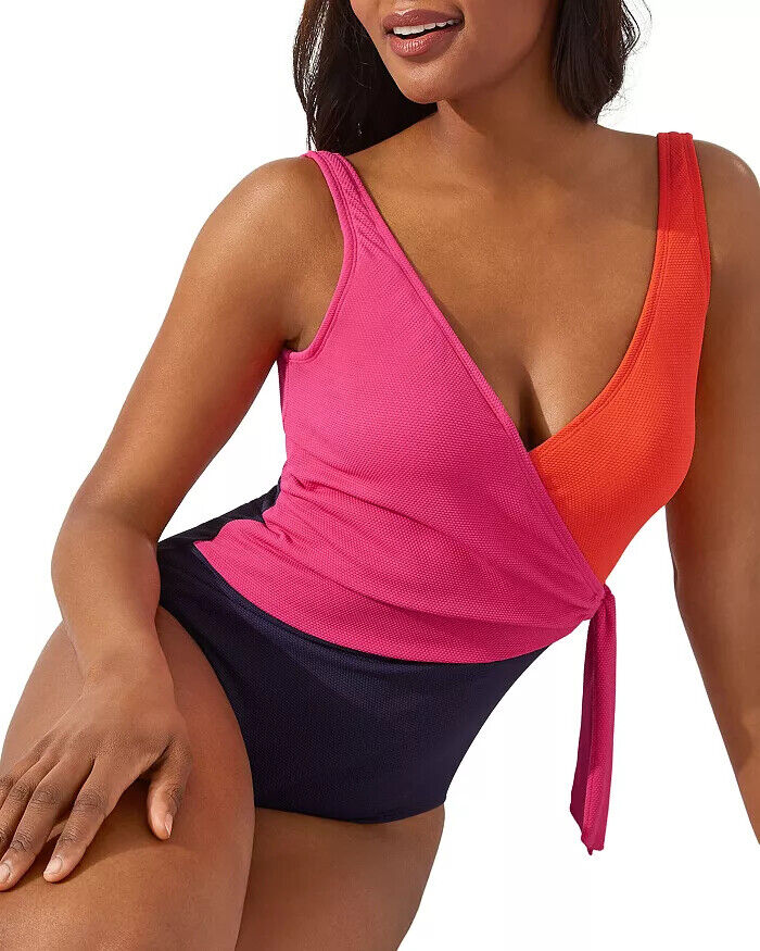 Tommy Bahama Color-Blocked Wrap-Front One-Piece Swimsuit