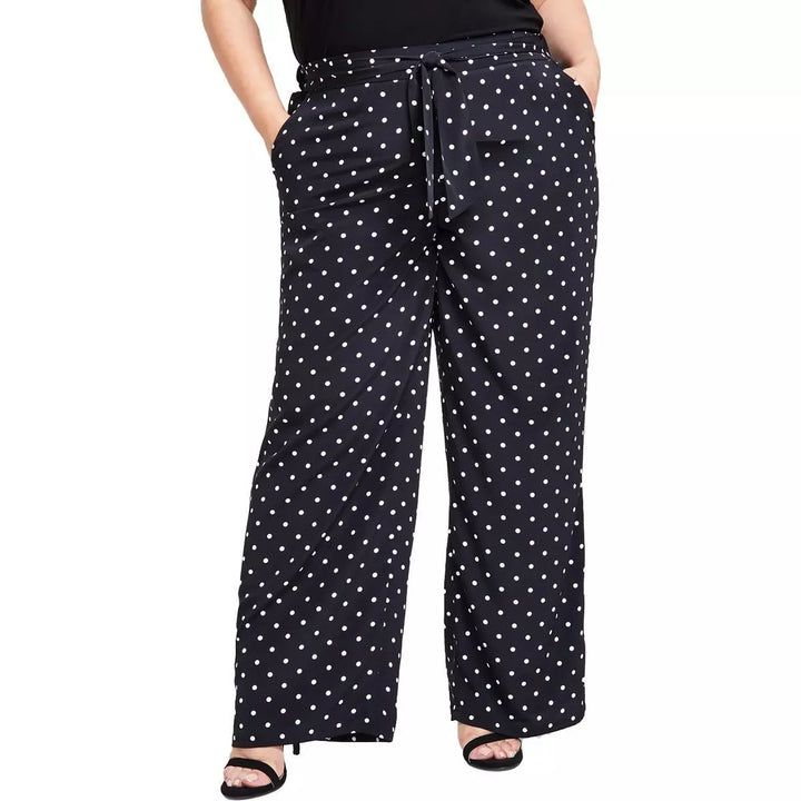 Anne Klein Plus Size Polka-Dot Tie-Front Wide-Leg Pants