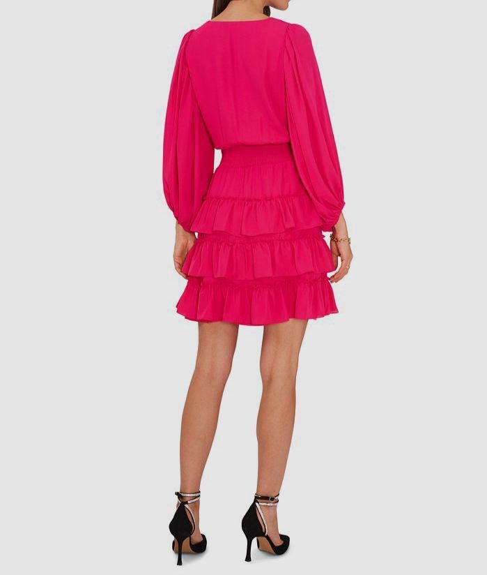Vince Camuto V-Neck Balloon-Sleeve Tiered Dress