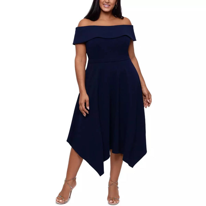 Xscape Off-The-Shoulder Handkerchief-Hem Dress