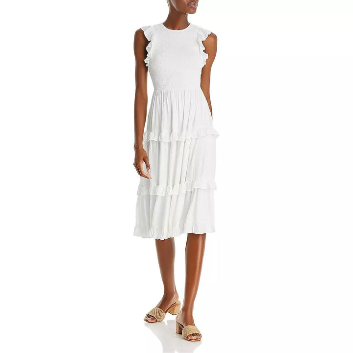 AQUA Smocked Clip Dot Midi Dress