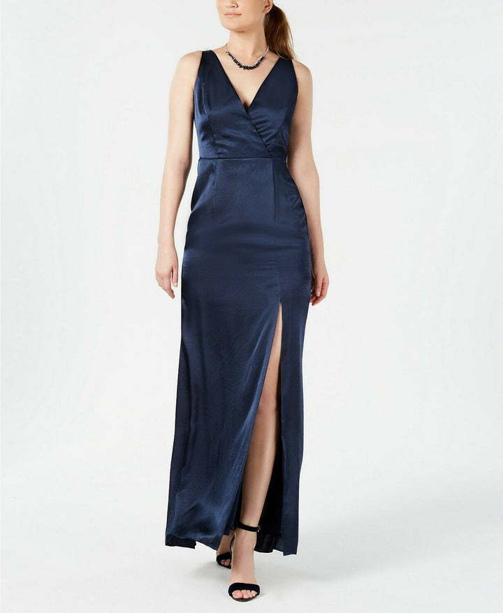 Adrianna Papell V-Neck Satin Slit Gown