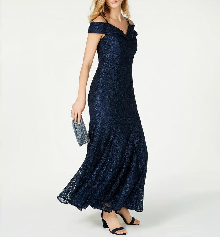 R & M Richards Off-The-Shoulder Lace Gown