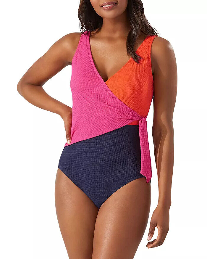 Tommy Bahama Color-Blocked Wrap-Front One-Piece Swimsuit