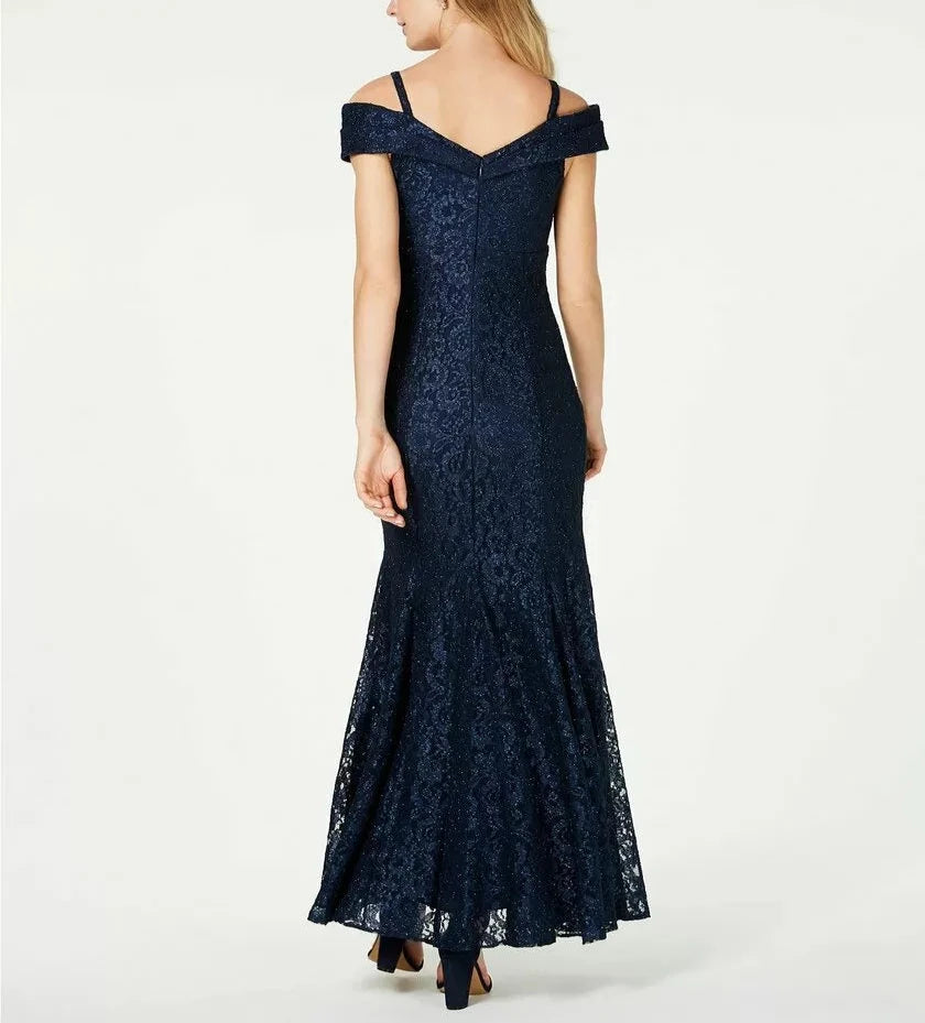 R & M Richards Off-The-Shoulder Lace Gown