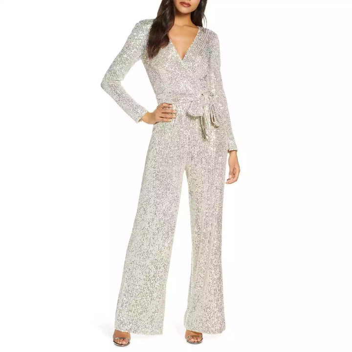 Eliza J Petite Sequin Wrap Front Long Sleeve Jumpsuit