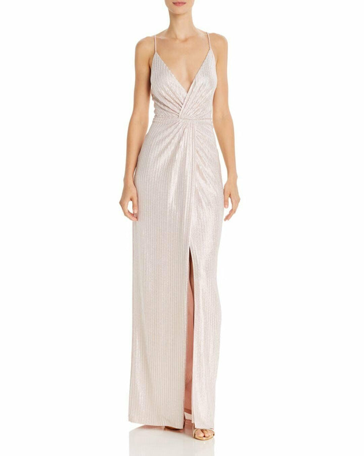 Aidan by Aidan Mattox Metallic Faux-Wrap Gown