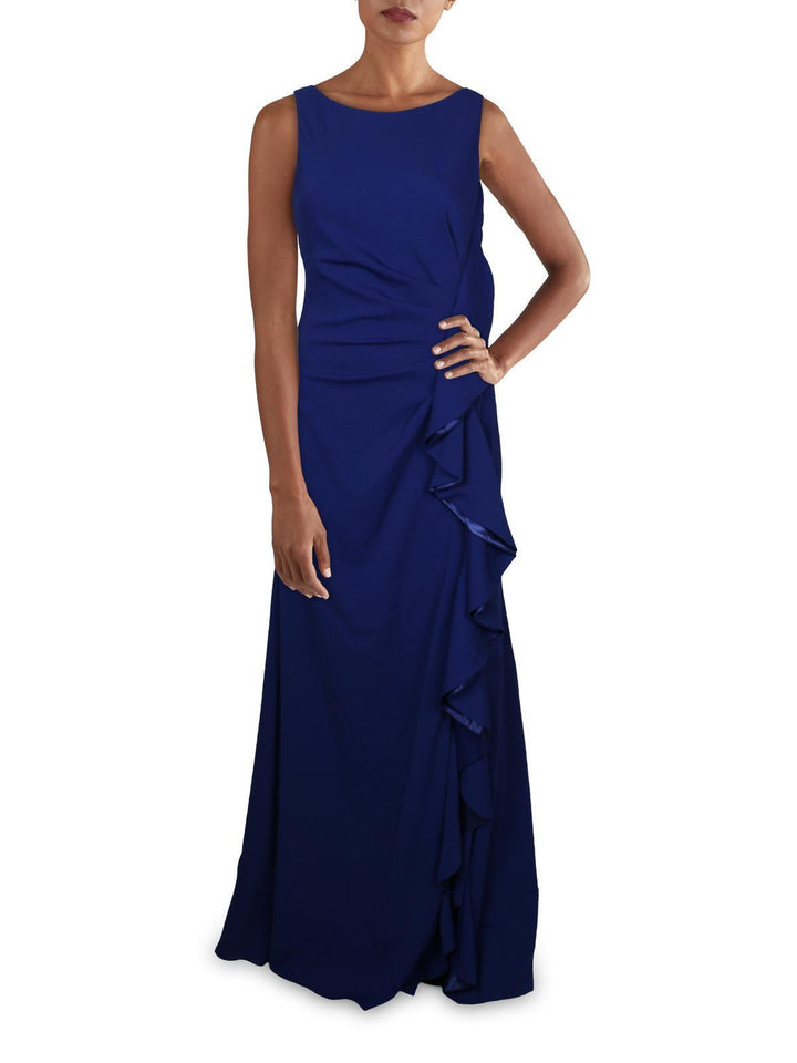 Carmen Marc Valvo Crepe Halter Side Ruffle Gown