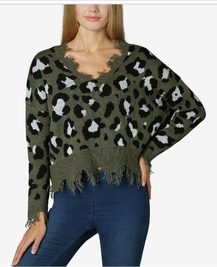 Polly & Esther Juniors' Destructed Animal-Print Sweater