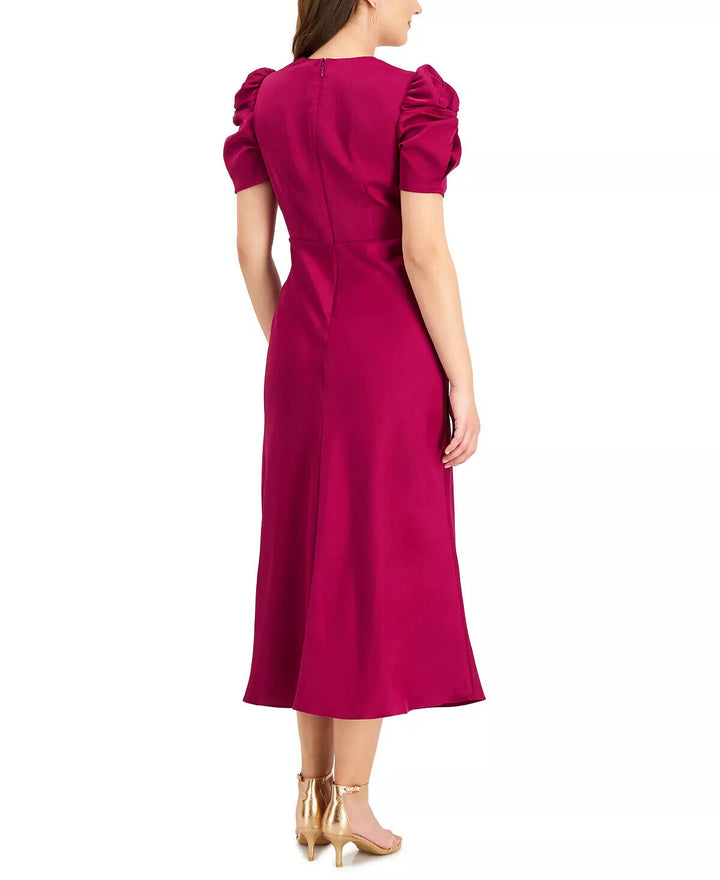 Taylor Twist-Front Puff-Sleeve Midi Dress