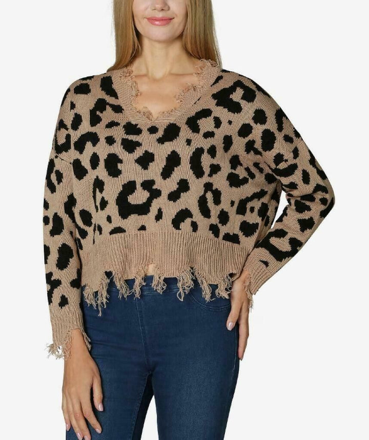 Polly & Esther Juniors' Destructed Animal-Print Sweater