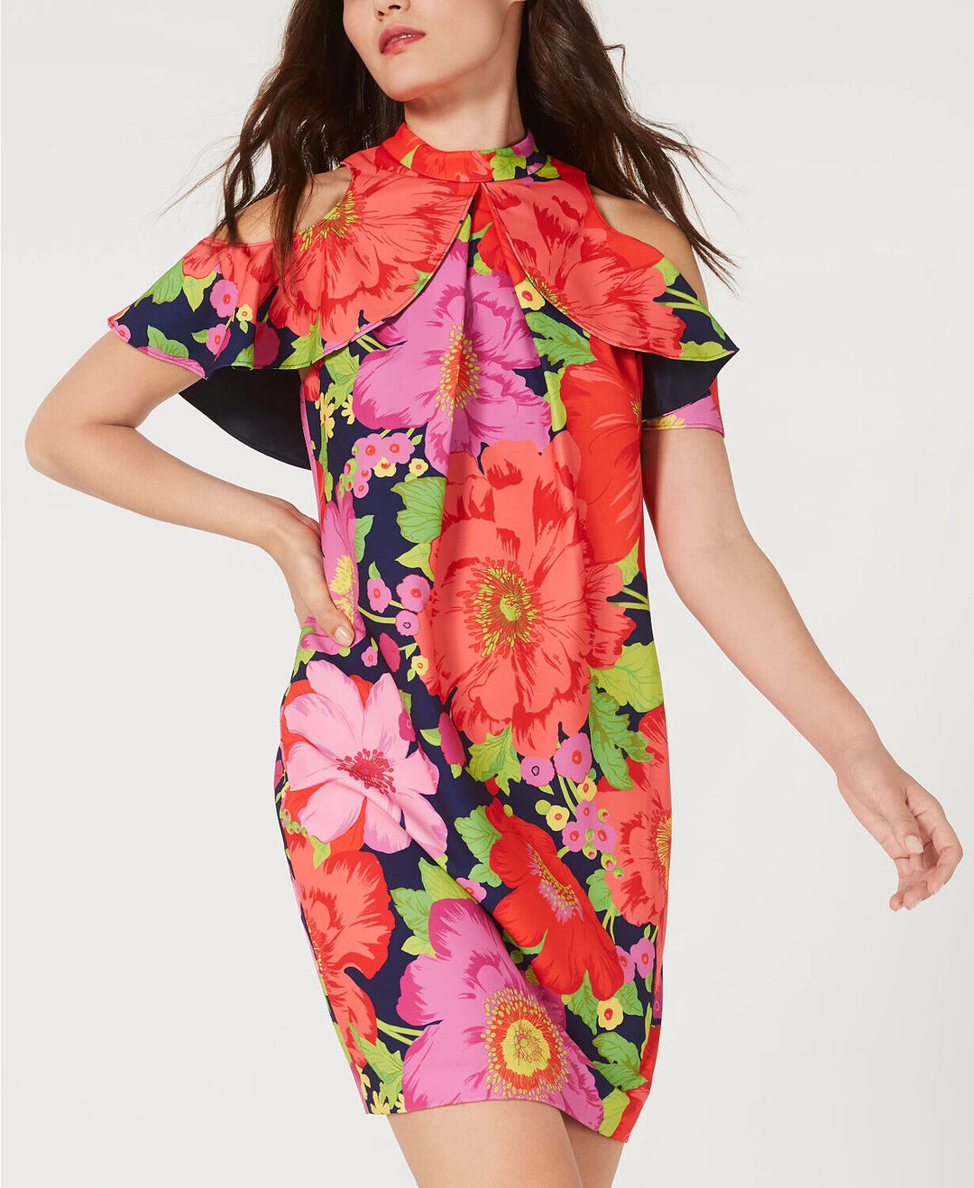 Trina Trina Turk Ruffled Cold-Shoulder Shift Dress