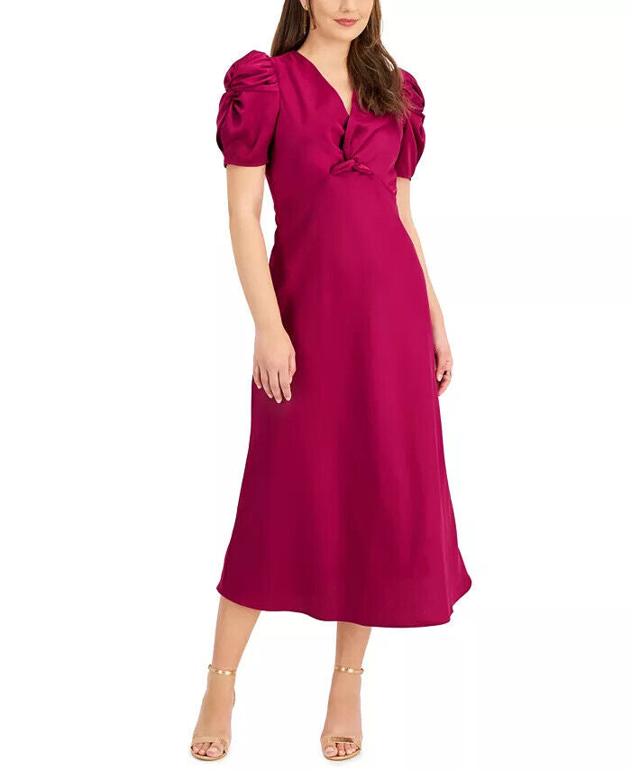 Taylor Twist-Front Puff-Sleeve Midi Dress