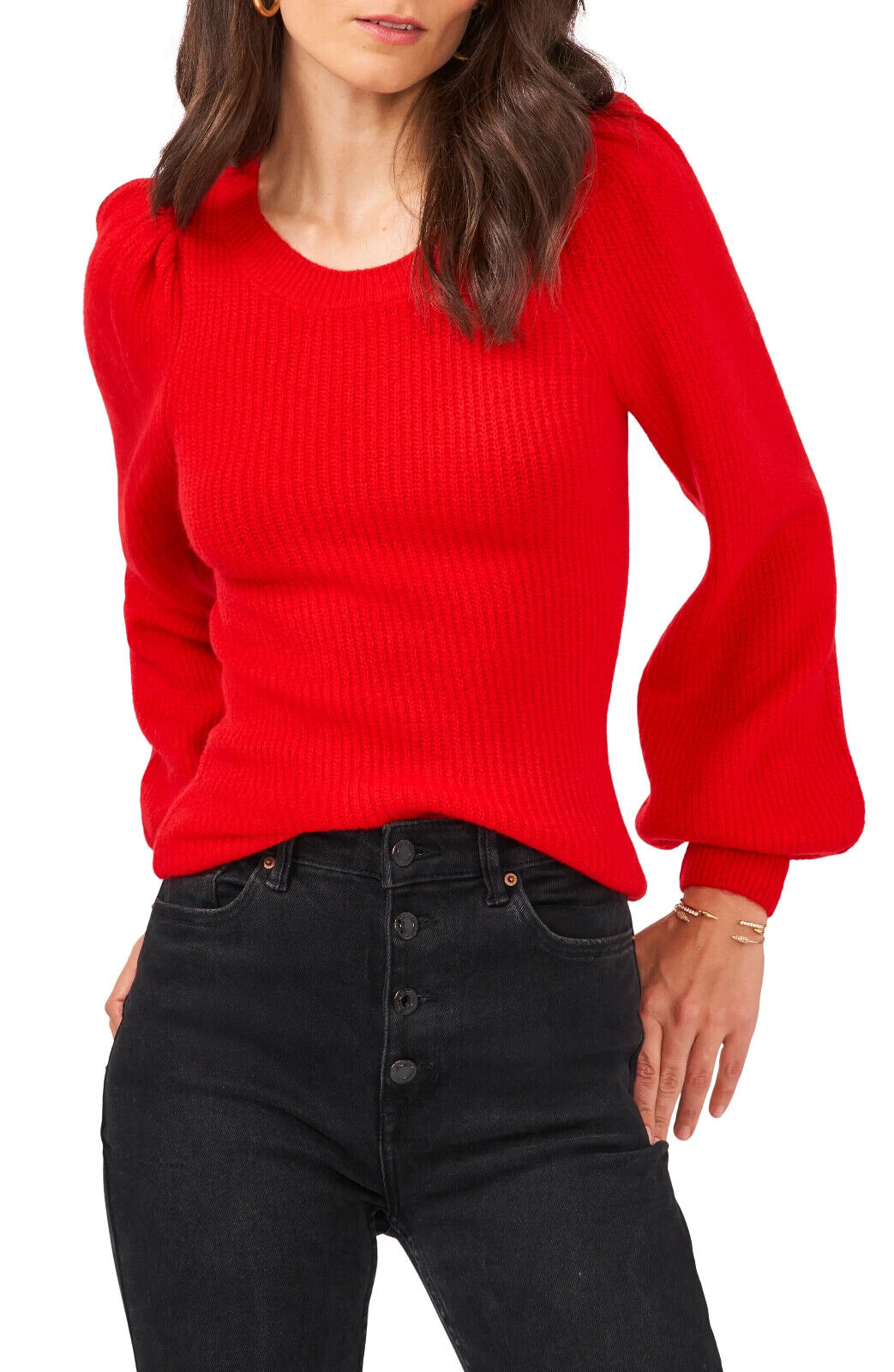 1.STATE Balloon Sleeve Crewneck Rib Sweater