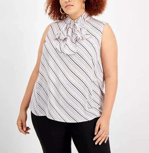 Bar III Plus Size Bias Striped Tie-Neck Blouse