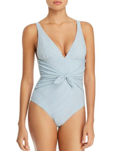 Shoshanna Pinstripe Tie Waist One Piece Swimsuit