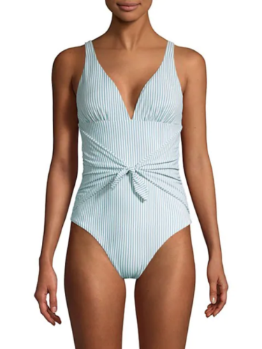 Shoshanna Pinstripe Tie Waist One Piece Swimsuit