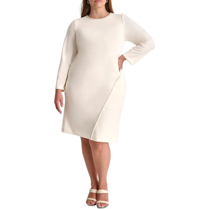 DKNY Womens Ivory Beaded Sheath Dress