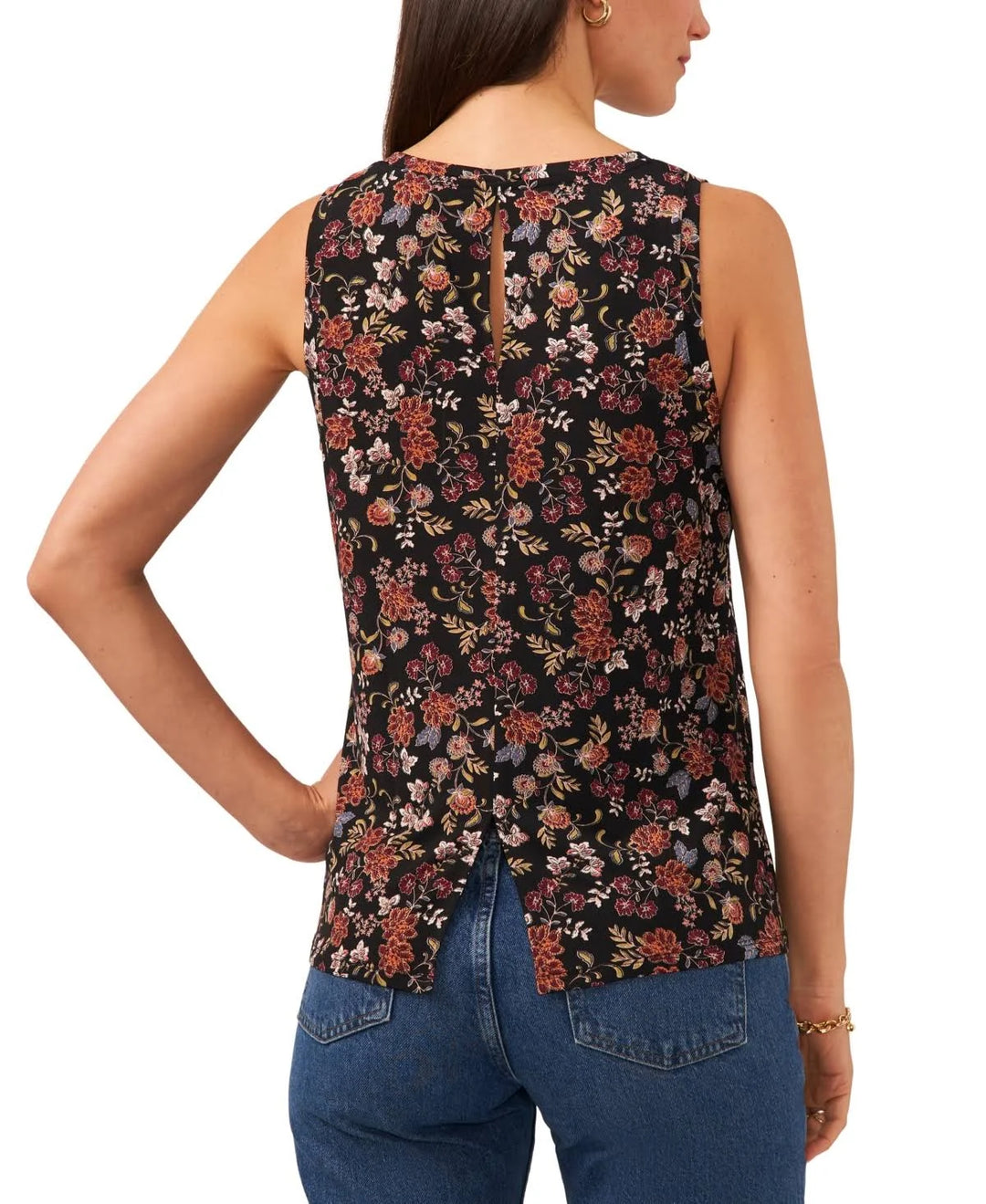 Vince Camuto Printed Crewneck Split Back Keyhole Tank Top