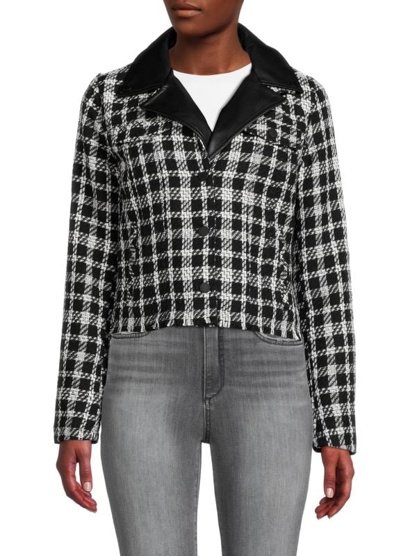KARL LAGERFELD PARIS Layered Trim Plaid Tweed Jacket