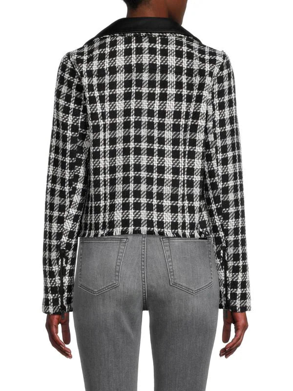 KARL LAGERFELD PARIS Layered Trim Plaid Tweed Jacket