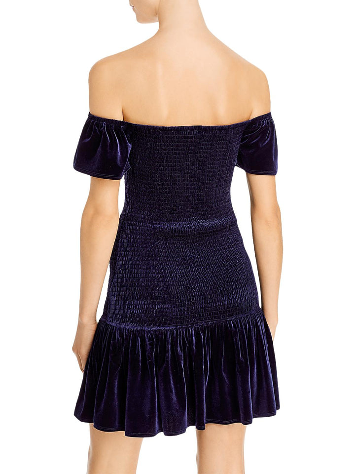 Aqua Smocked Velvet Off-the-Shoulder Dress