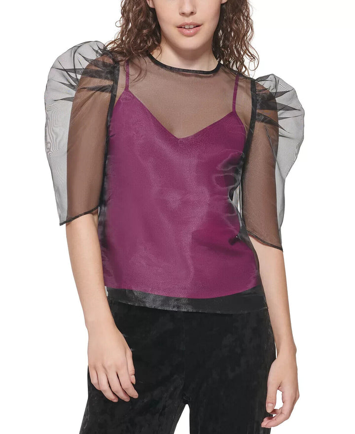 DKNY Sheer Puff-Sleeve & Camisole Top MSRP $79 Size 16 # 5B 1862 NEW