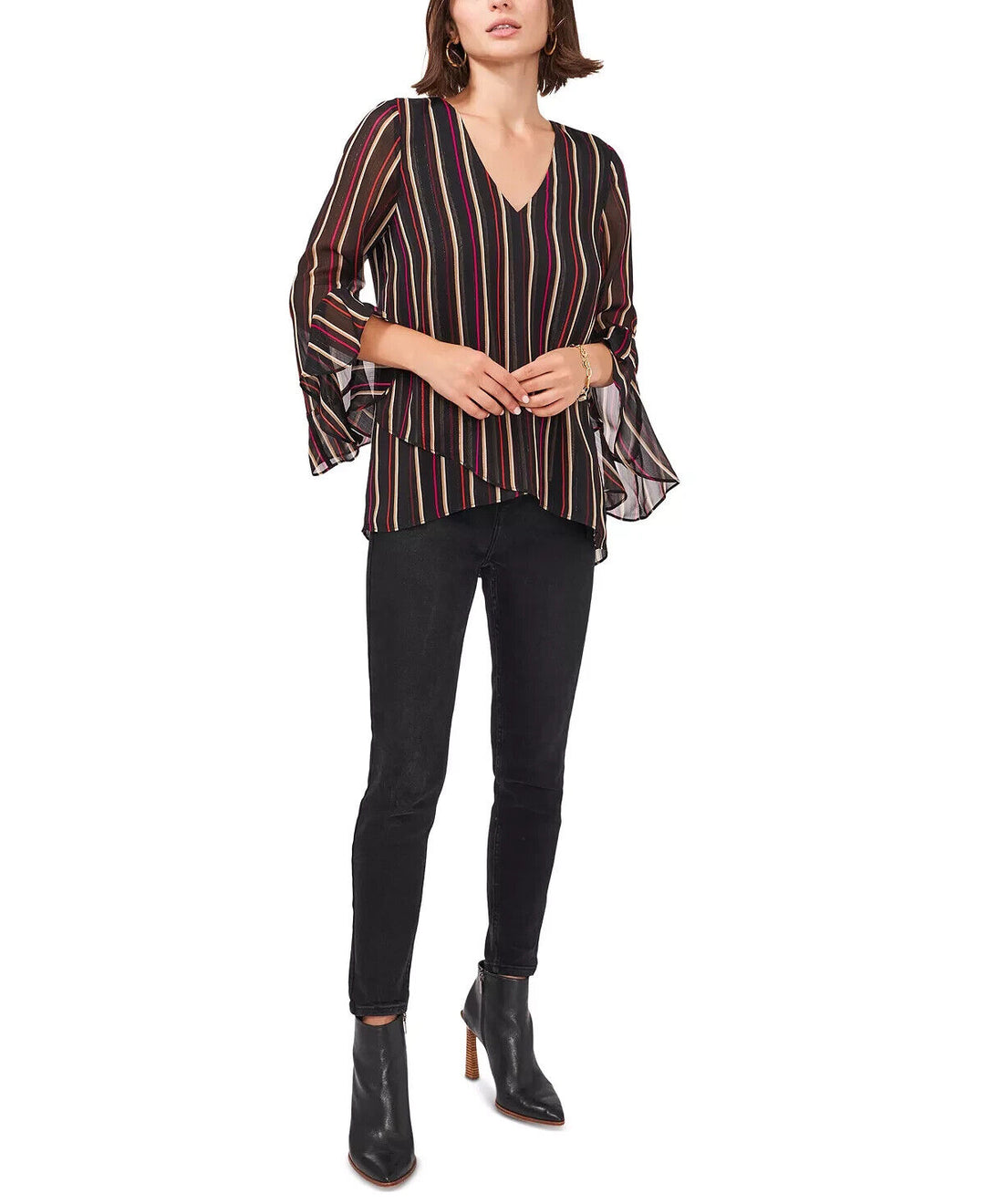 Vince Camuto Striped Flutter-Sleeve Top