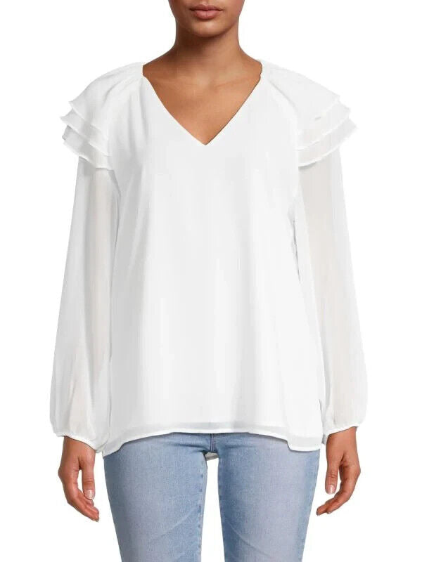 Calvin Klein Ruffle-Sleeve V-Neck Top MSRP $79 Size XS # 6A 1693 New