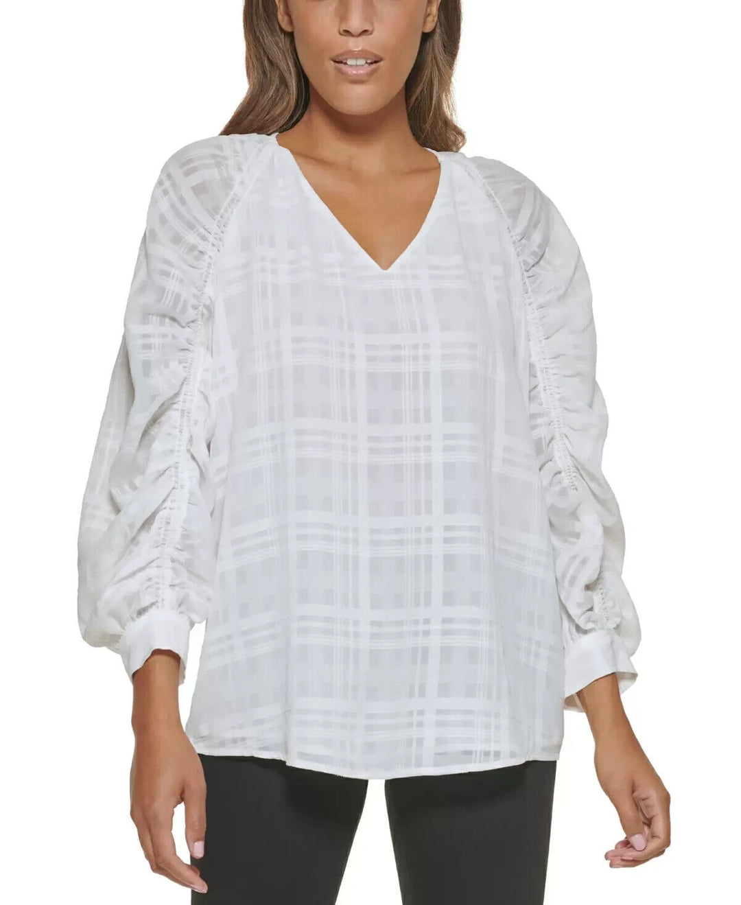 Calvin Klein Plaid Gathered Sleeve Semi-Sheer Top MSRP $99 Size L # 5D 2153 NEW