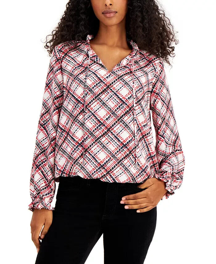 Tommy Hilfiger Ruffled Plaid Top MSRP $79 Size M # 5A 1948 NEW