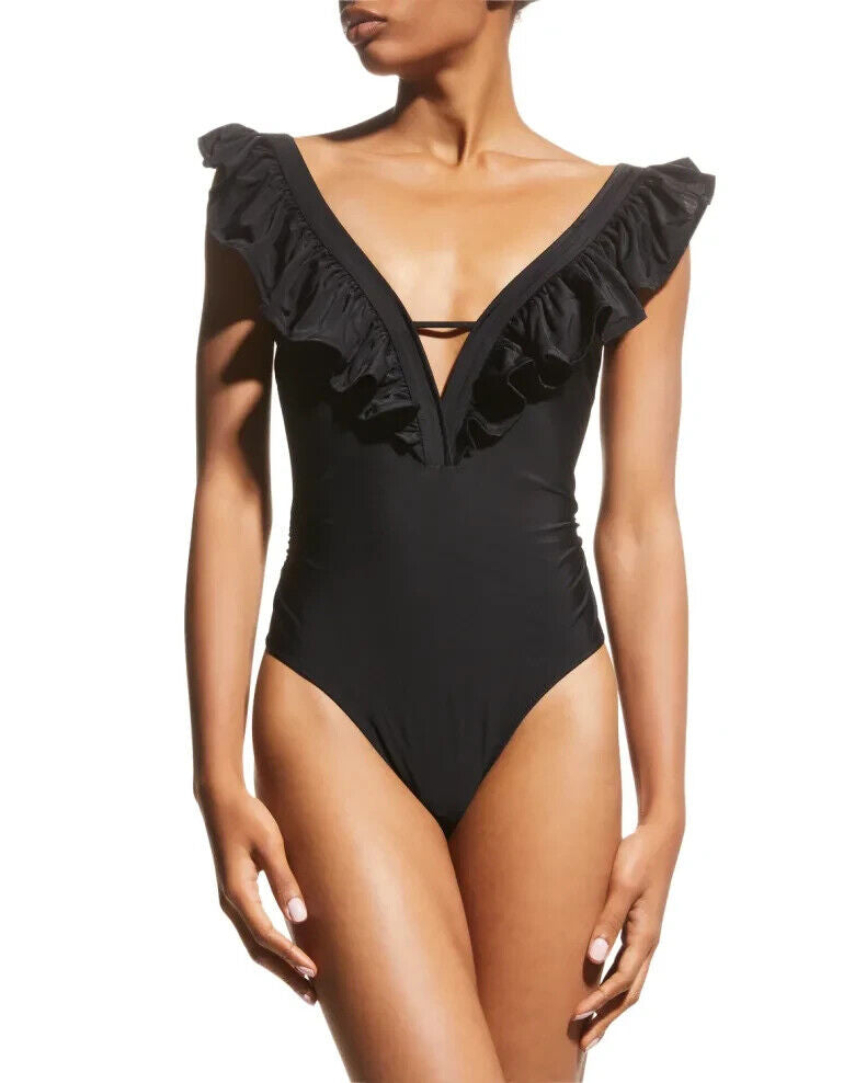 Ramy Brook Nicola Ruffled Deep V 1-Piece Swimsuit MSRP $248 Size S # UB4 396 NEW