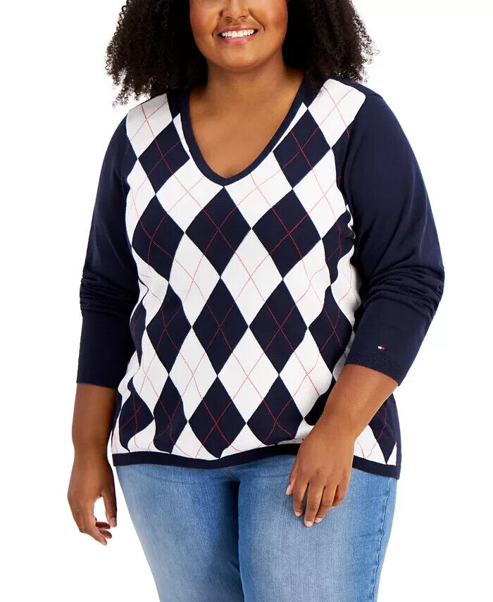 Tommy Hilfiger Plus Size Cotton Argyle Sweater MSRP $69 Size 0X # 6A 1813 NEW