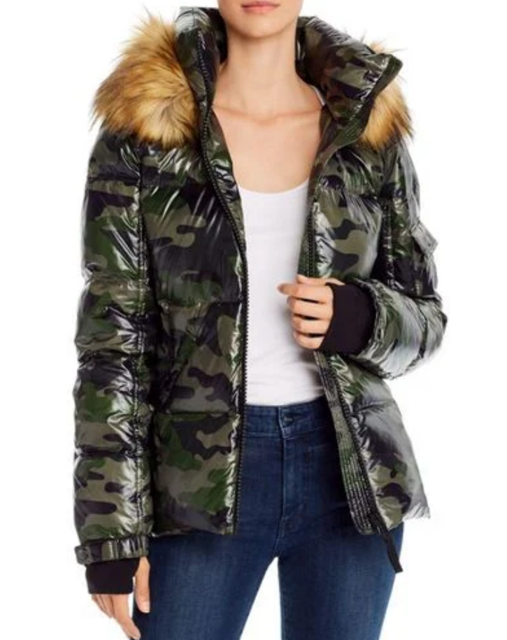 AQUA Faux Fur-Trim Camo Puffer Jacket MSRP $178 Size XS # 5D 1796 NEW