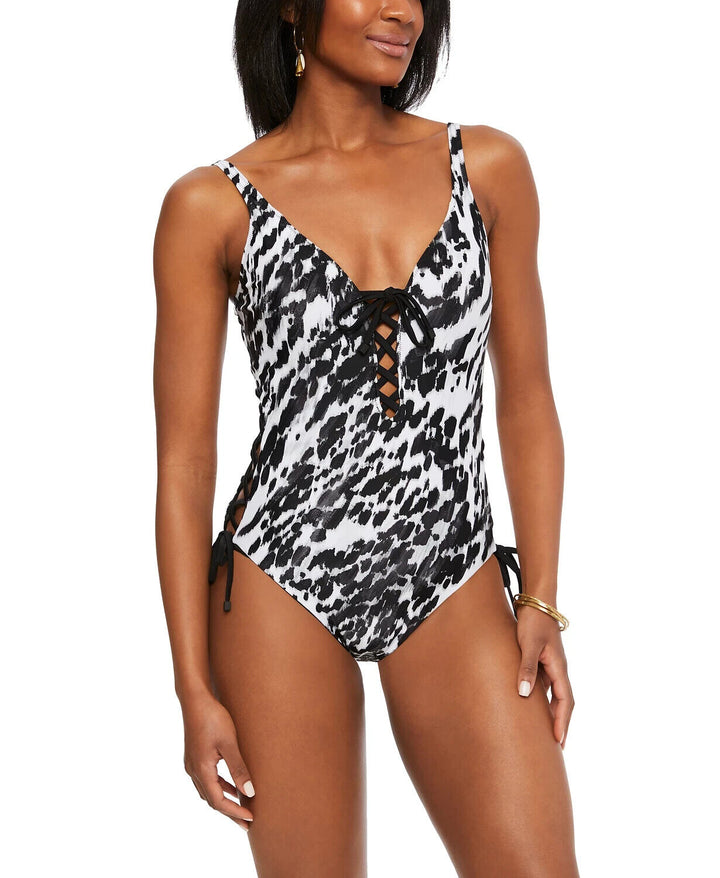 Bar III Heat Wave Lace-Up One-Piece Swimsuit MSRP $88 Size M # UB3 354 NEW